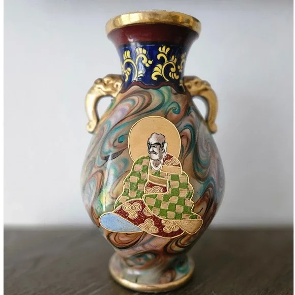 Japanese Satsuma Porcelain Vase Gold Foo Dog Handles Hand Painted Figural VTG