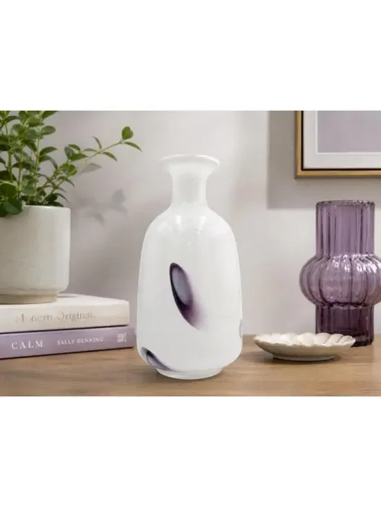 Vintage Murano Style White Purple Art Glass Vase Mid Century Modern 9” Italy
