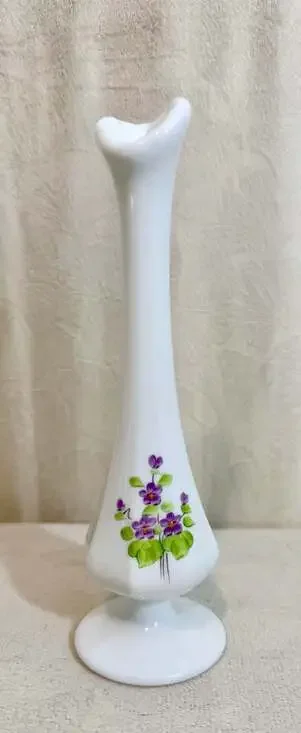 Vintage Fenton Milk Glass Bud Vase with Hand-Painted Violets by Nancy