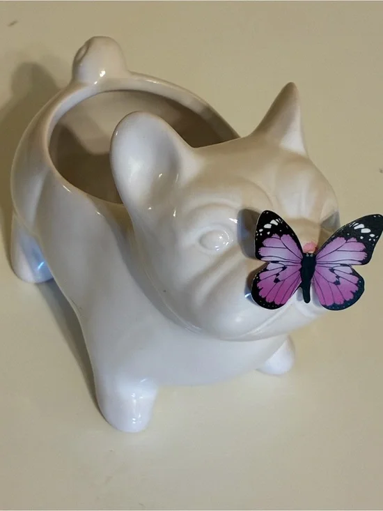 Spritz White Ceramic French Bulldog Vase with Pink Butterfly Accent