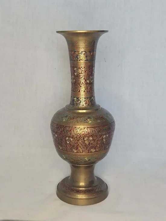 Vintage Brass Vase With Intricate Etched Designs & Inlaid Red Enamel From India