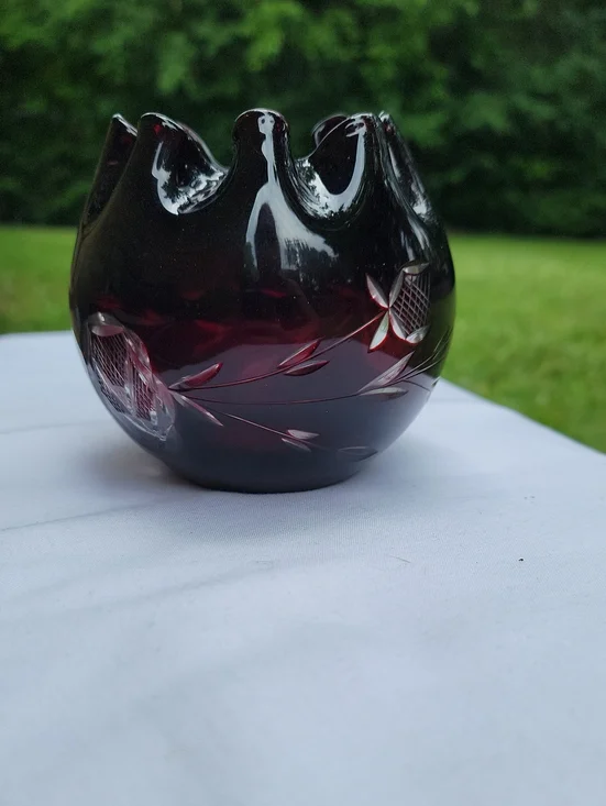 Ruby Red Cut Glass Bowl with Scalloped Rim Bud Vase