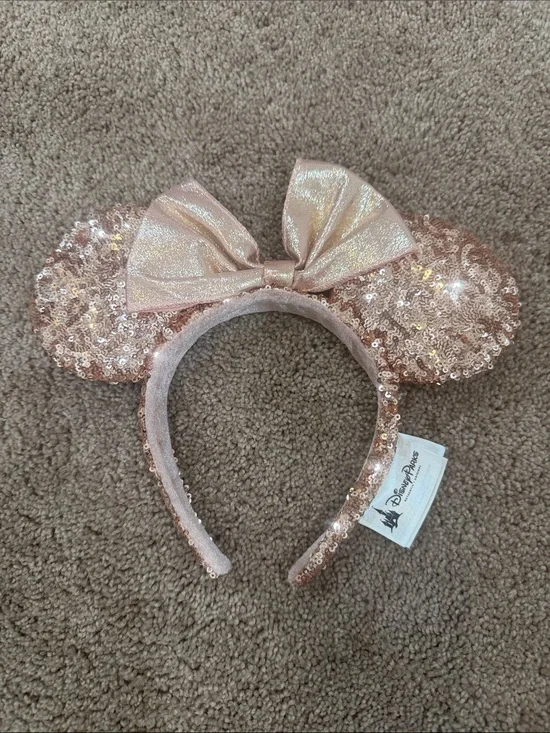 Disney Rose Gold Sequin Minnie Ears Headband with Bow