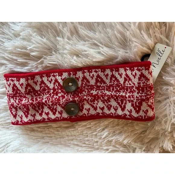 Simply Noelle Headband OS Christmas Red White Knit Fair Isle Button Ear Warmer