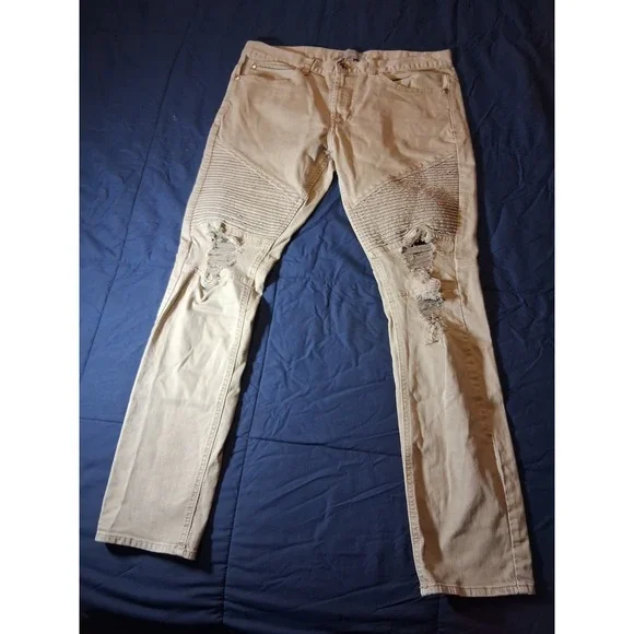 Bullhead Denim Co Mens 32 Stacked Skinny Moto‎ Distressed Tan Khaki Jeans Pants