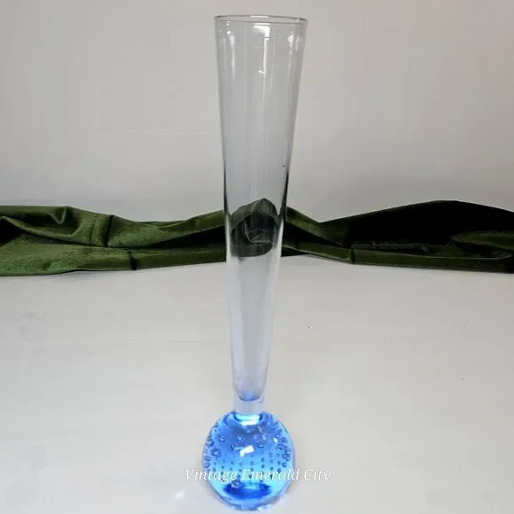 Vtg Clear Blue Fluted Bud Vase Controlled Bubbles Paperweight Bullicante Denmark