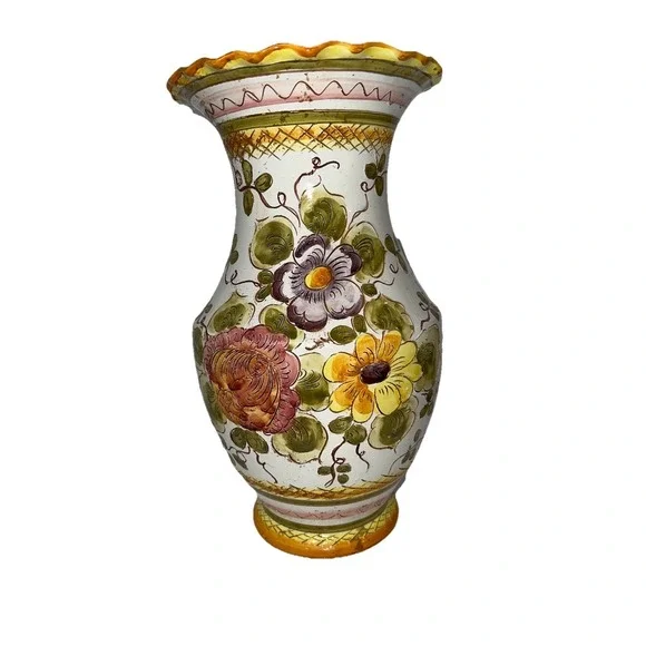 (..7Nn)Vintage Italian Pottery Vase Hand Painted Flowers Floral Rose