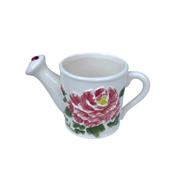 Ceramic Miniature Watering Can Pink Peony Flower Ladybug Cottagecore Decor 4.5in