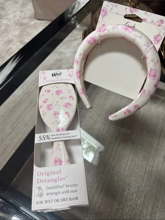 LoveShackFancy Cream and Pink Rose Padded Headband with Matching Detangler Brush