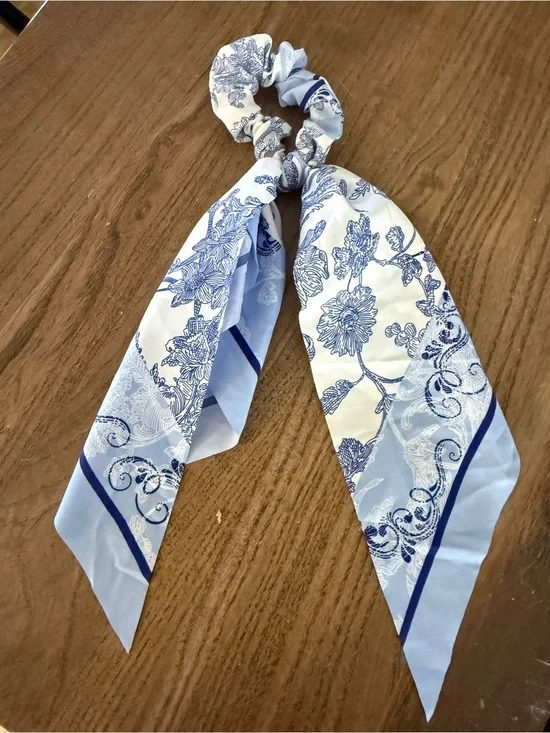 Silky Blue Floral Scarf Scrunchie