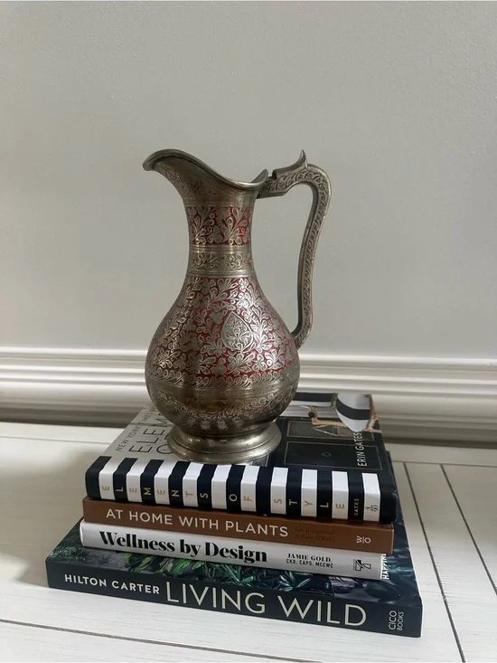 Vintage Brass Pitcher Vase India Red  Engravings