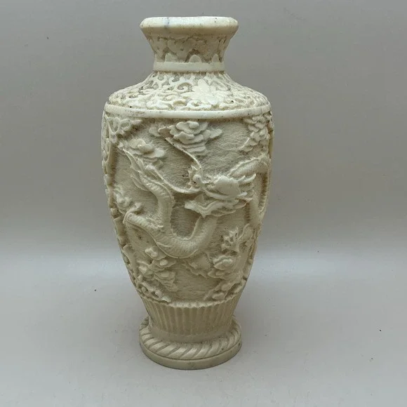 Vintage Faux Ivory Resin Dragon Vase Carved Asian Chinoiserie‎ 6 3/8
