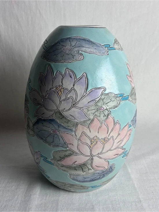 Vintage WBI Chinese Porcelain Lotus Flower Vase -Mint Blue / Pastel Water Lilies