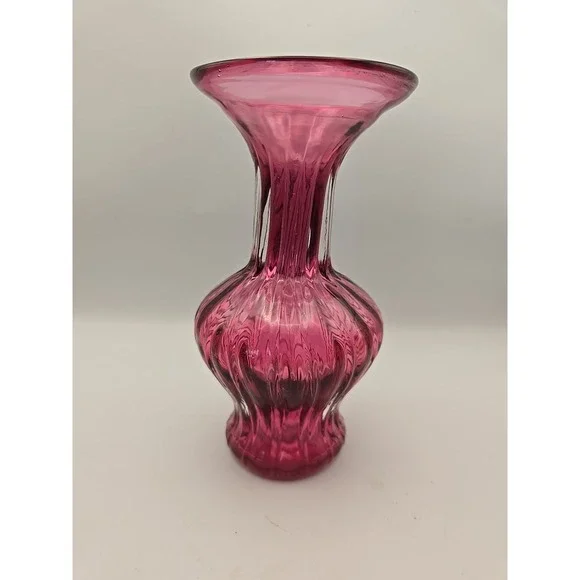 Pilgrim Cranberry Glass Vase Hand Blown‎ Ribbed Flared Flower Vase 5.5