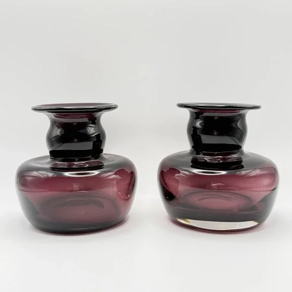 Amethyst Purple‎ Art Glass Bud Vases Hand Blown Cased Set 2 Pair Bulbous Vintage