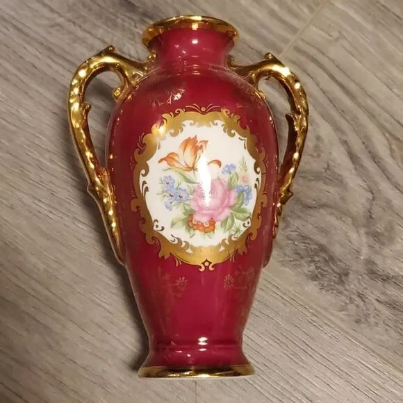 EUC Vintage German KPM Porcelain Maroon Floral Gold Rimmed Vase