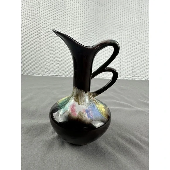 Sonsco Japan Redware Ceramic Pitcher Vase‎ Brown Multi Color Drip Glaze VTG