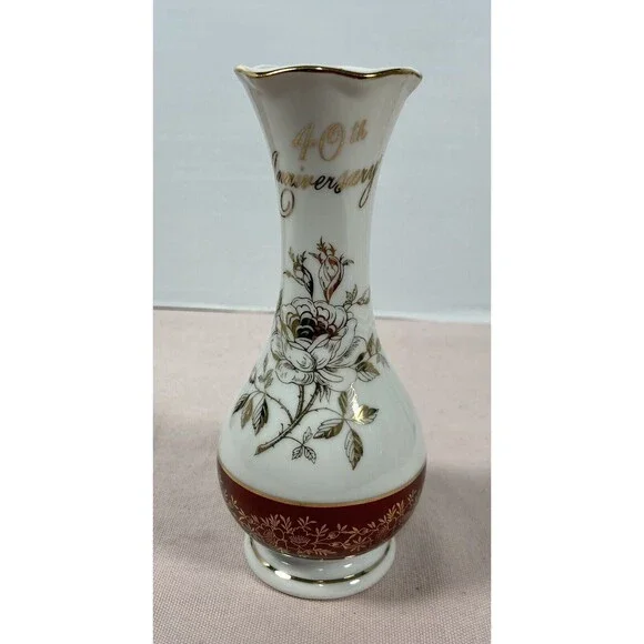 Vintage Norcrest Fine China 40th Anniversary Vase Gold white & Ash Japan 6
