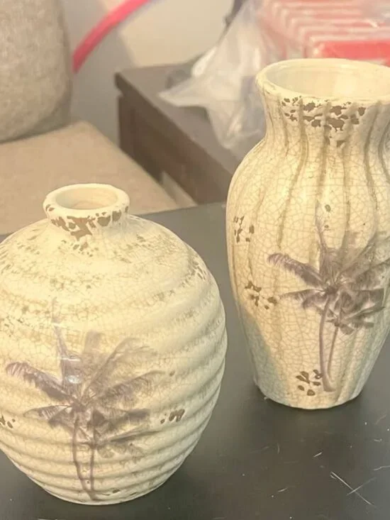 Pair of Vintage Studio Pottery Vases with Palm Tree Motif and Crackle Glaze