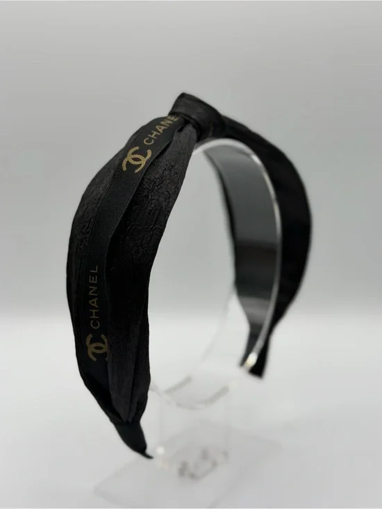 CHANEL Black Headband with Gold Logo Trim