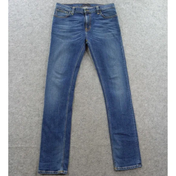 Nudie Jeans Mens 34 Blue High Kai Slim Straight Mid Rise Denim Zip Fly Organic