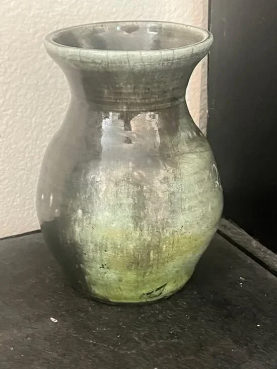 Vintage Green Glazed Studio Art Pottery Vase with Crackle Finish
