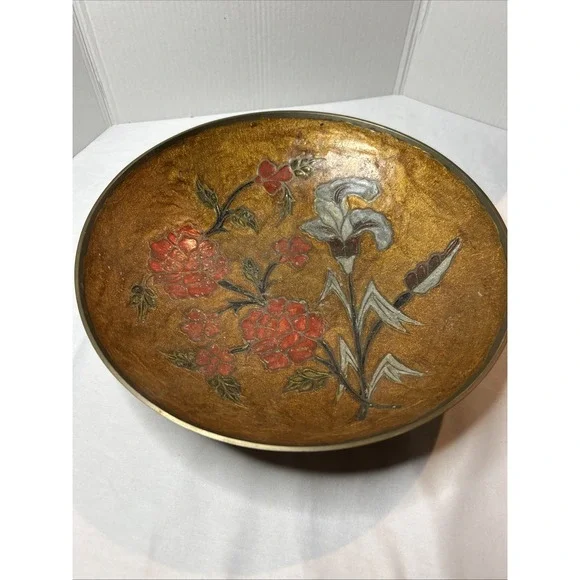 Vintage Brass World Decorative Bowl Centerpiece‎ Pink Rose Floral 9