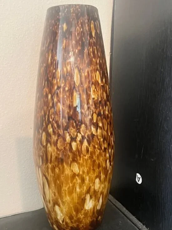 Vintage Artisan Hand Blown Glass Vase with Brown and Amber animal Print