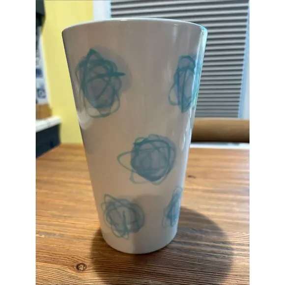 Rare Atomic Swirl Cream Ceramic Vase with Light Blue Scribble Pattern