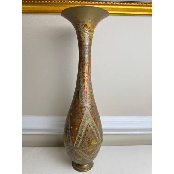 Vintage‎ 18 Inch Etched Indian Brass Vase Hand Painted Red Yellow Enamel Floral