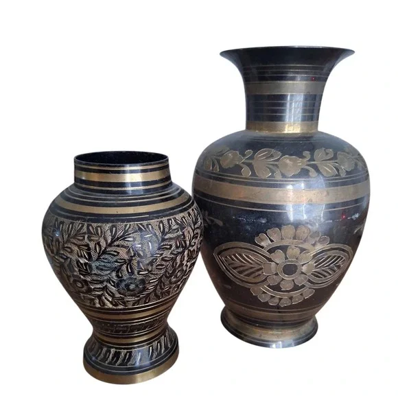 Vintage Floral Leafy Etched Brass Vases‎ Made in India Home Decor