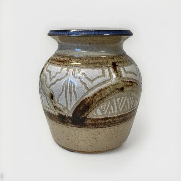 Krause 1986 Signed Studio Pottery Vase Salt Glaze Geometric Stoneware‎ 5