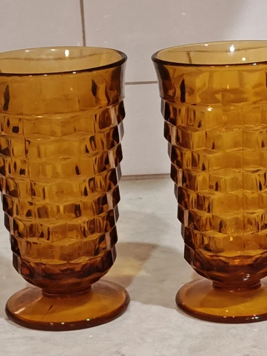 Vintage Cottagecore Whitehall By Colony Cubist Footed Iced Tea Glasses Amber