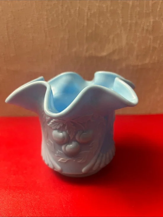 Vintage L.G. Wright Turquoise Blue Slag Glass Cherries Pattern Ruffled Vase