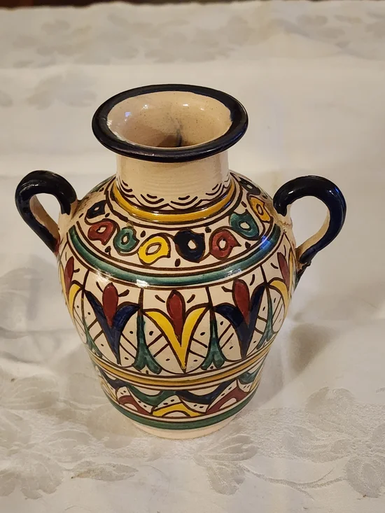 Hand-Painted Moroccan Ceramic Vase in Cream with Multicolor Accents