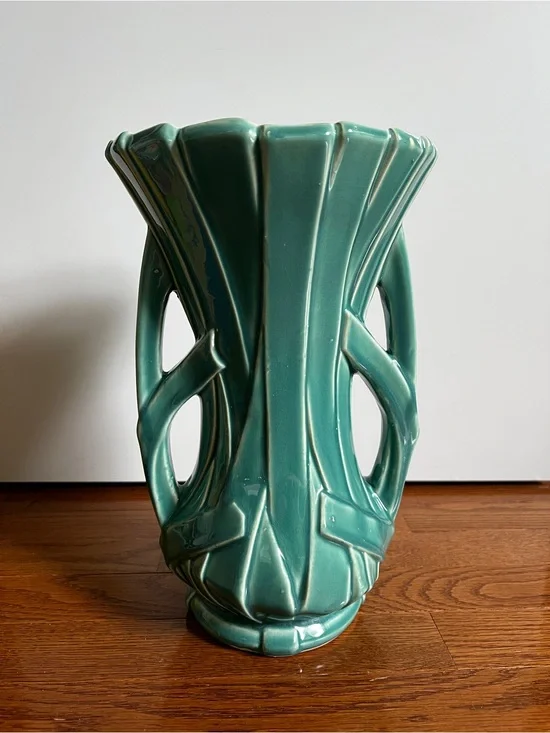 McCoy Pottery Vintage Art Deco 1940s Ribbon Vase Aqua Green
