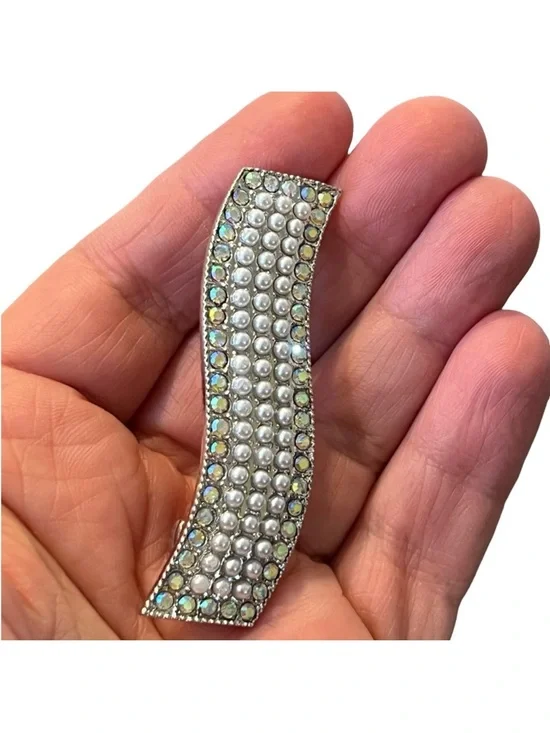Elegant Pearl Silver Iridescent Crystal Hair Clip approx 2.75”FINAL PRICE DROP