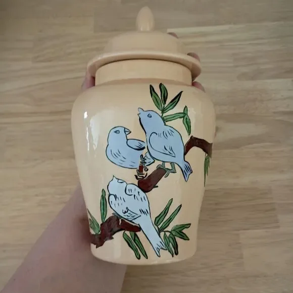 Vintage 1975 Hand Painted Birds on Branch Ginger Jar Signed by JCR Beautiful