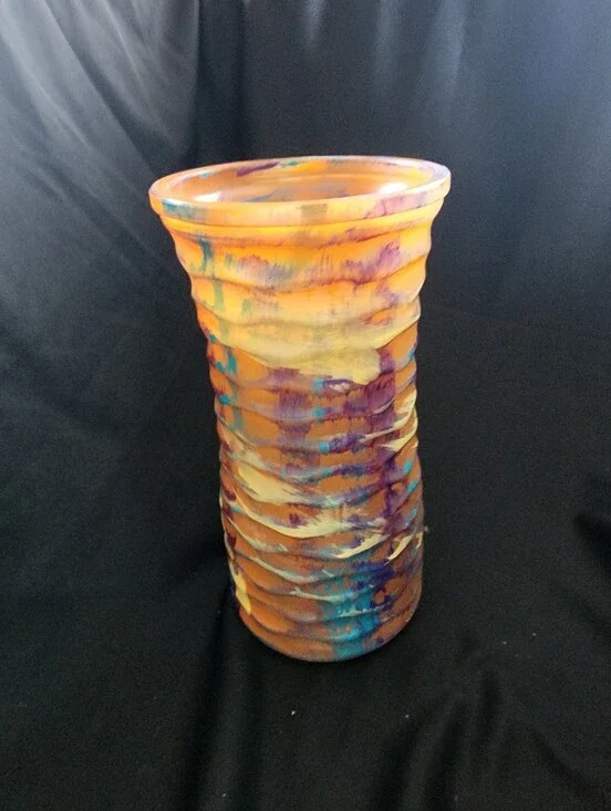 8 1/2' Hand-Blown Ribbed Art Glass Vase in Orange and Purple