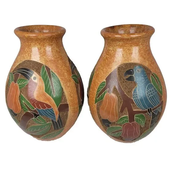 Costa Rica Folk Art Pottery Vase Hand Painted Carved Toucans & Parrots Pair 7