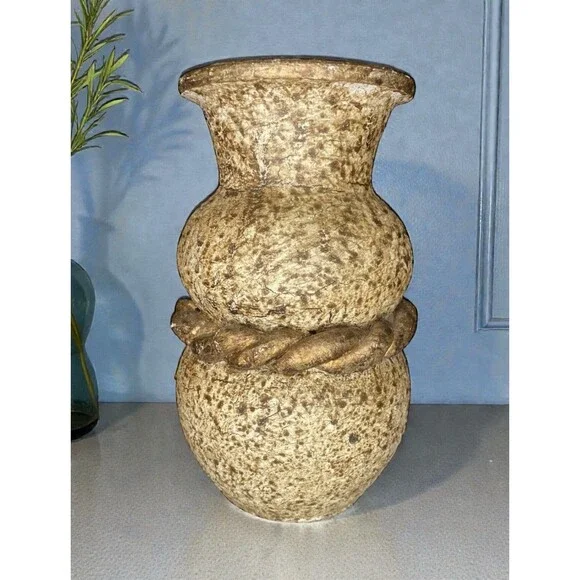 Studio Art Pottery Vase 8.5” Brown Cream Speckled Rope Relief Brutalist MCM