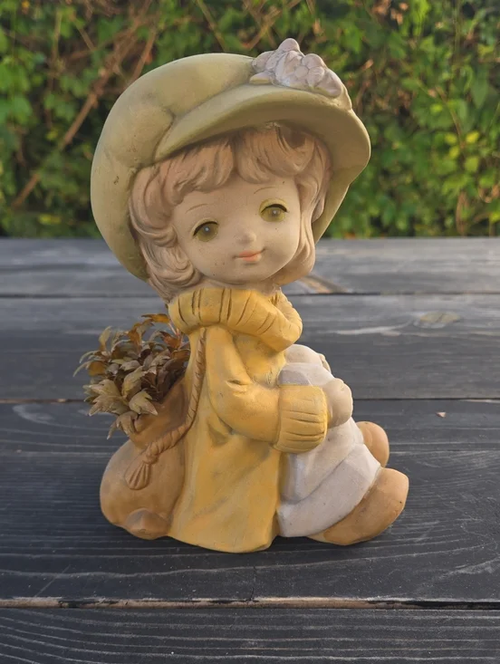 Vintage Yellow and Green Ceramic Girl Figurine Vase