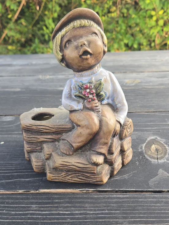 Vintage Brown and Cream Boy Figurine Vase with Pink Floral Accents