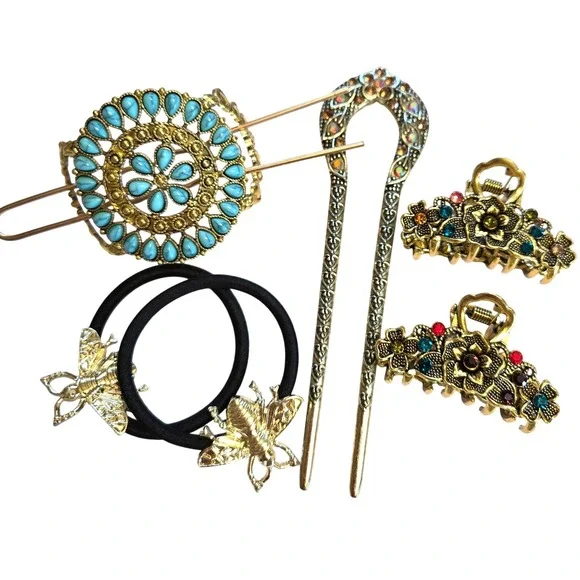 Vintage Style Gold Hair Accessory Set Bee Ties Turquoise Slide Floral‎ Clips 6pc