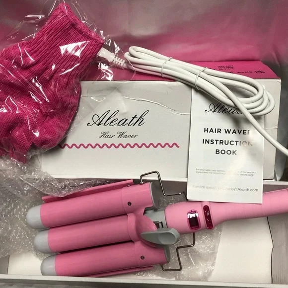 Aleath Pink Hair Waver 3‎ Barrel Curling Wand Hair Crimper LCD 1.25”inAdjustable
