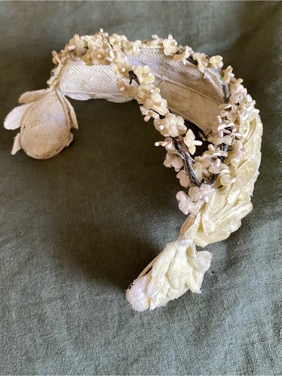 30s Bridal Headpiece - Velvet Leaf Juliet Cap & Orange Blossom Halo Crown