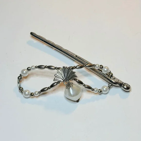 Lilla Rose Silver Pearl Fan Flexi Hair Clip Beaded Hairpin Accessory Medium