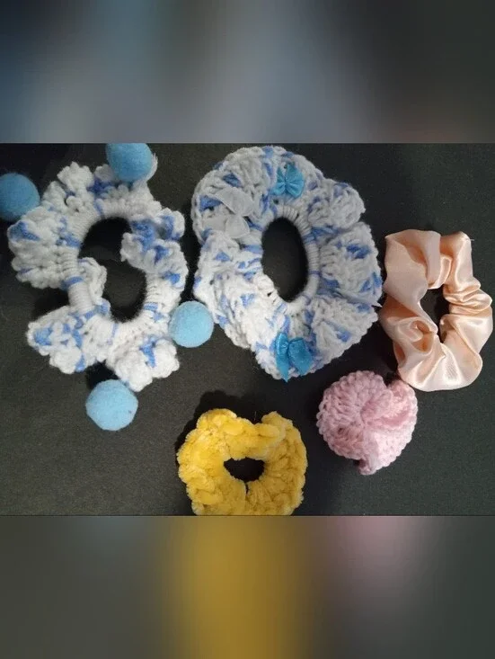 Handmade Crochet & Satin Scrunchie Set - Blue, Pink, Yellow, Peach