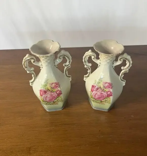 Matched Pair Vintage Porcelain Vases Pink Roses Scroll Handles Cream Victorian