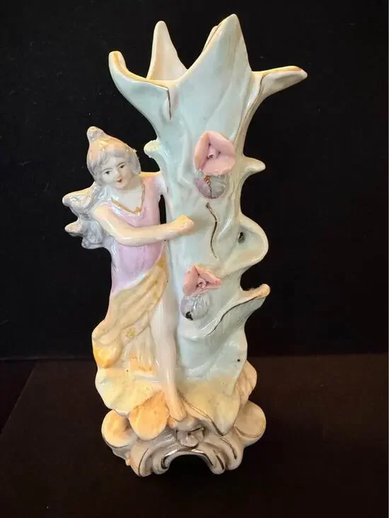 Vintage Fairy Porcelain Bud Vase – Pastel Figurine with Applied Flowers – 1960s
